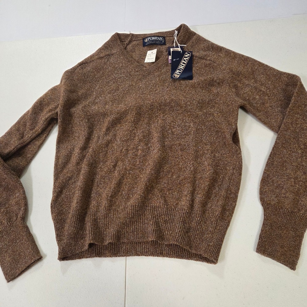 Puritan Vintage Mens Small Brown Wool Blend V-Neck Sweater Made in USA NWT